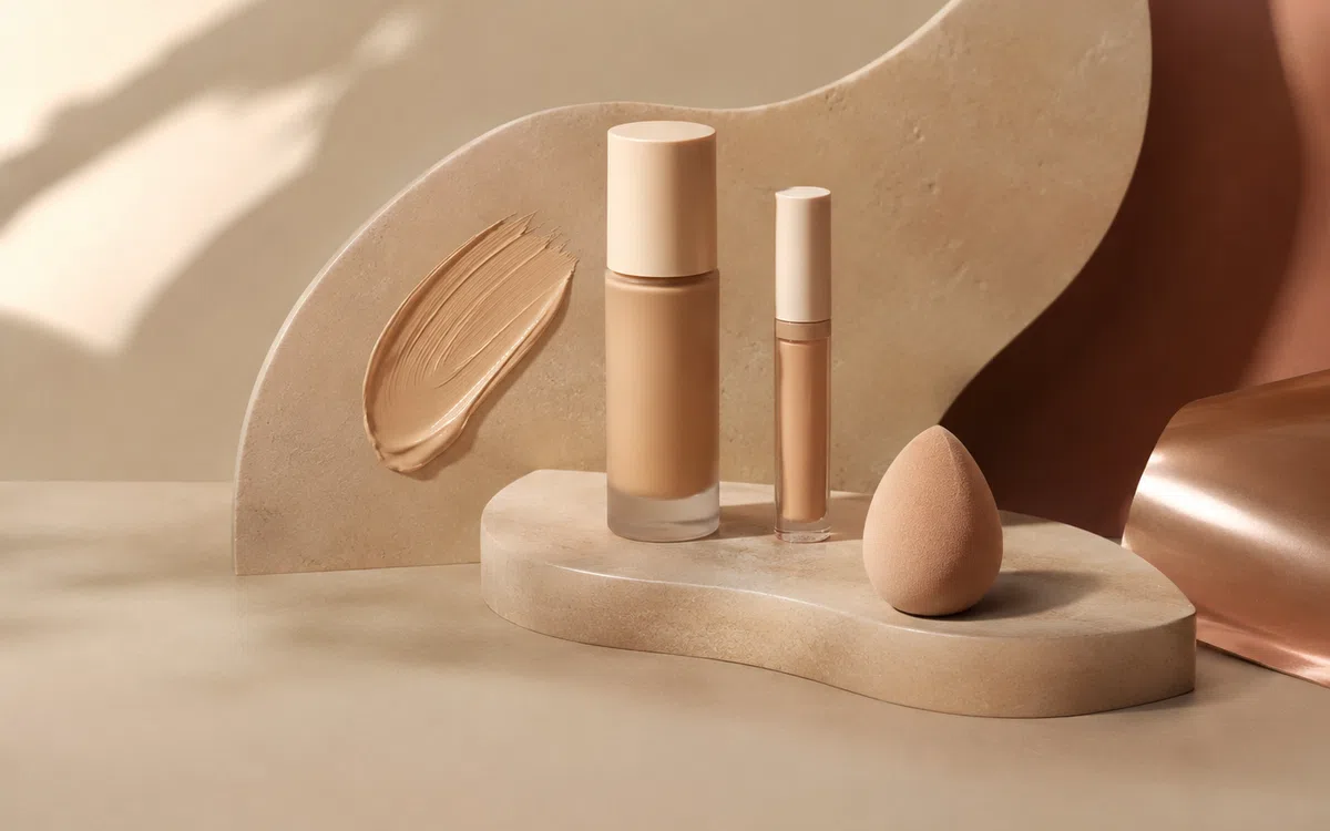 Complexion products and swatches arranged to compare coverage and finish.