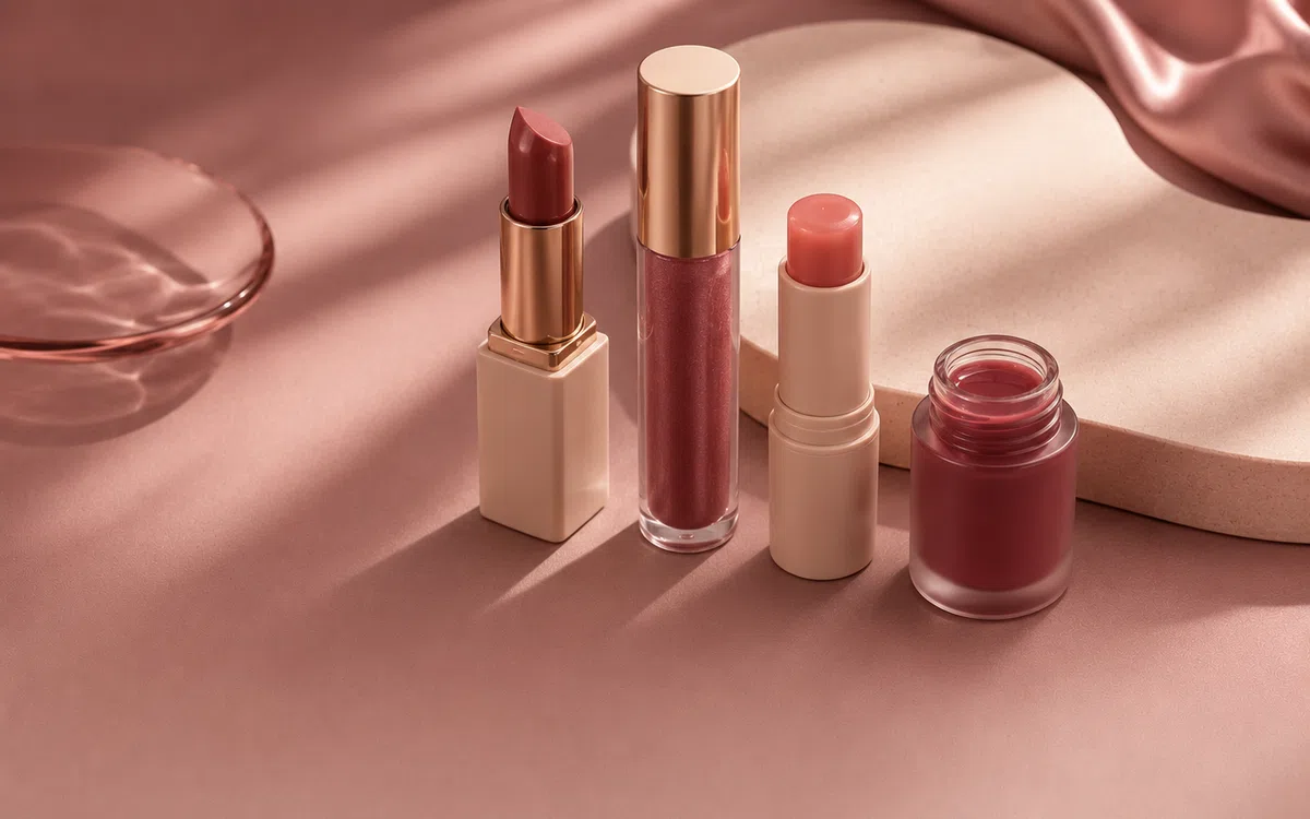Polished cosmetic still life with lip products and compact base products in muted tones.