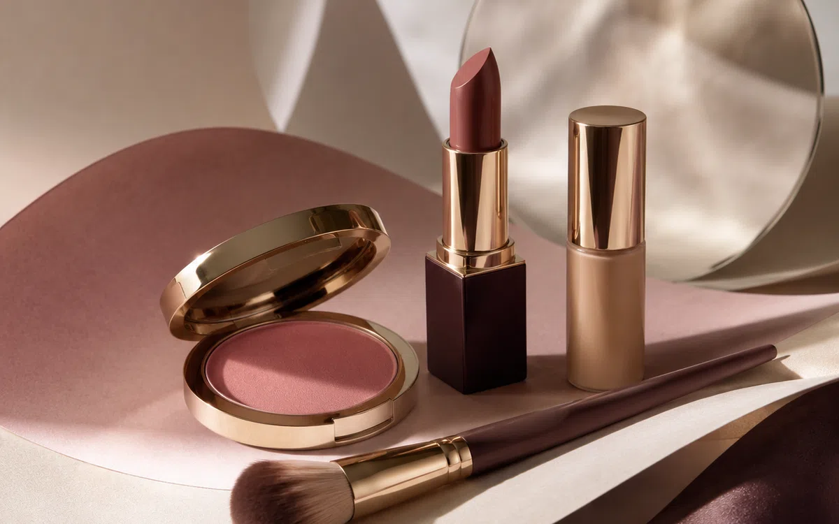 Curated beginner makeup bag with neutral color cosmetics and essential tools.
