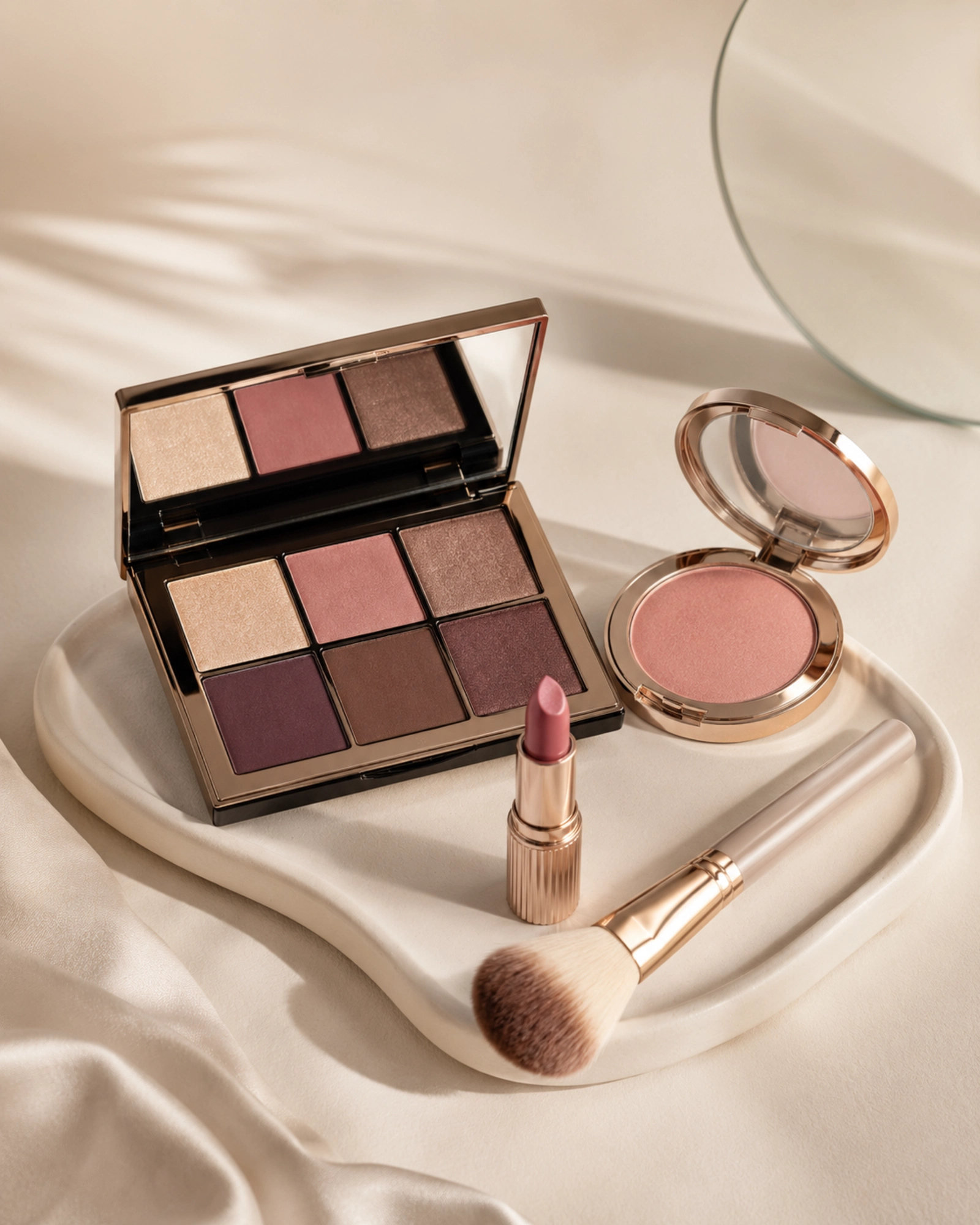 Editorial still life of unbranded makeup essentials, brushes, and compact products in blush, mauve, champagne, and deep plum tones.