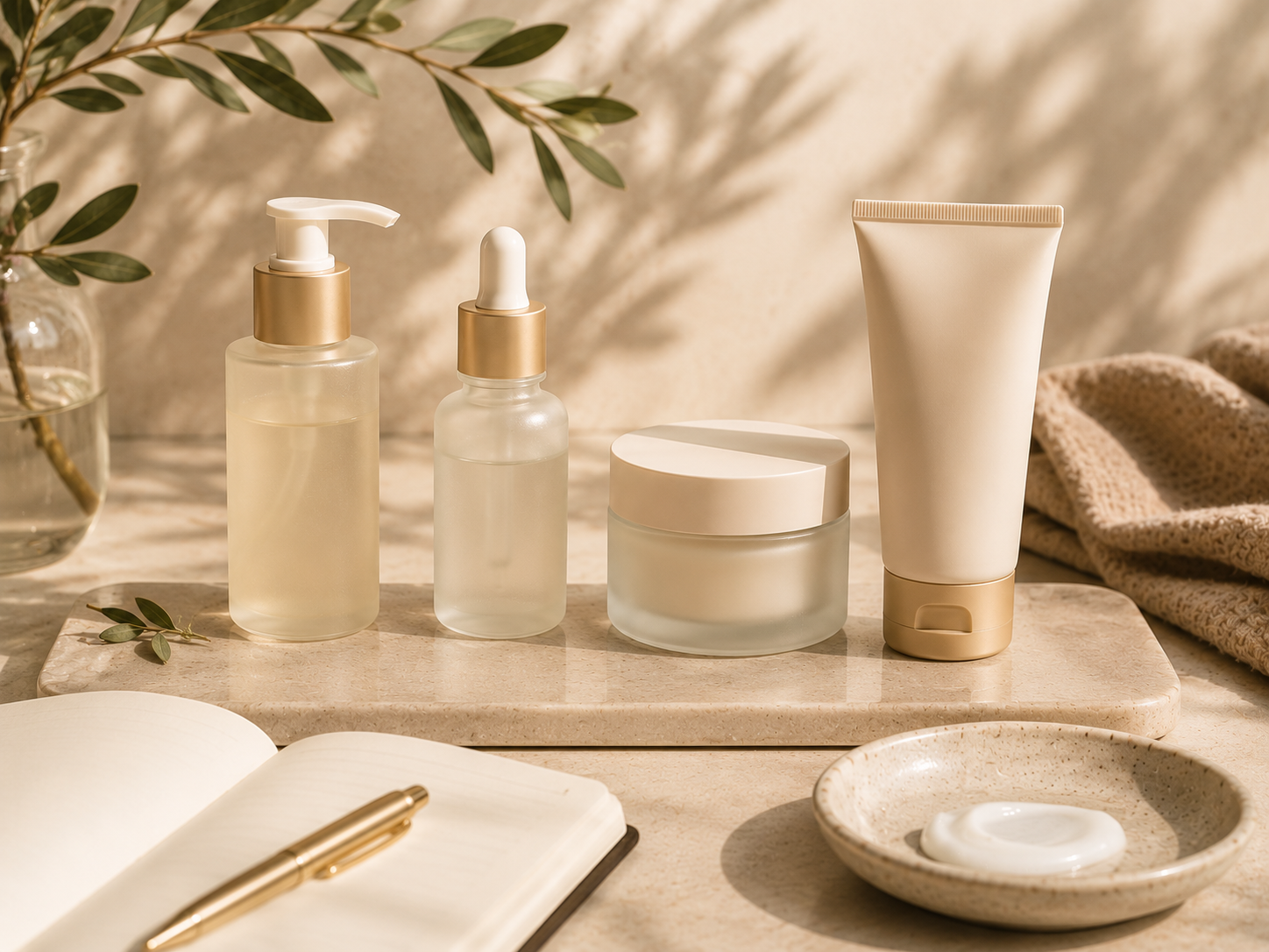 Routine-building planning board with skincare and beauty essentials.