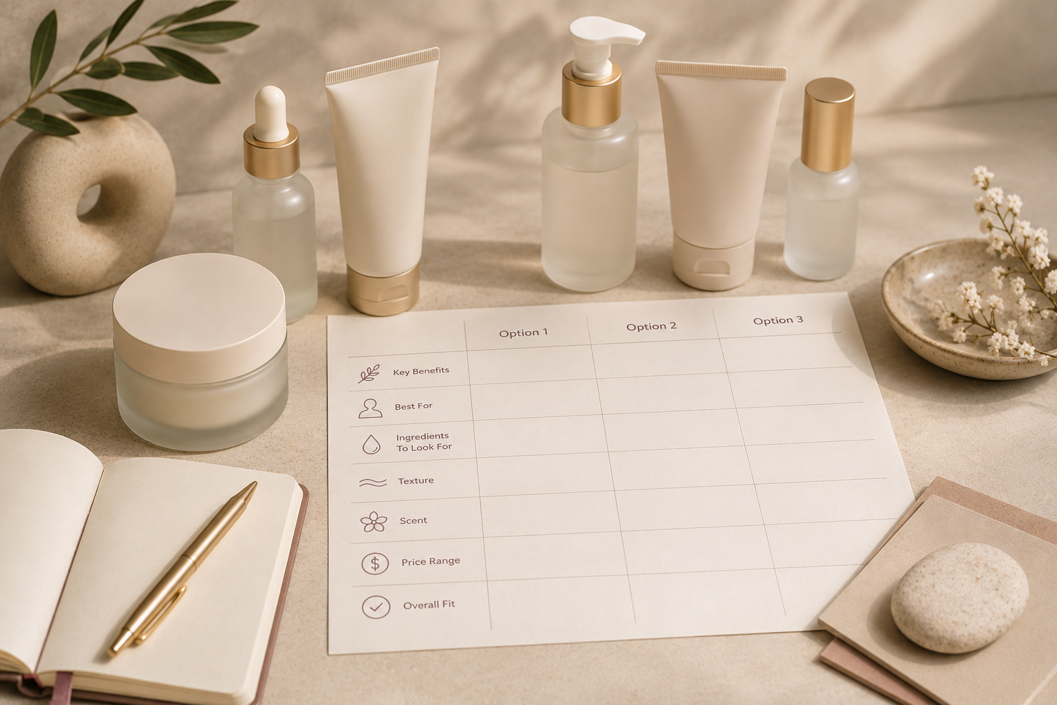 Beauty comparison layout with bottles, swatches, and notes.