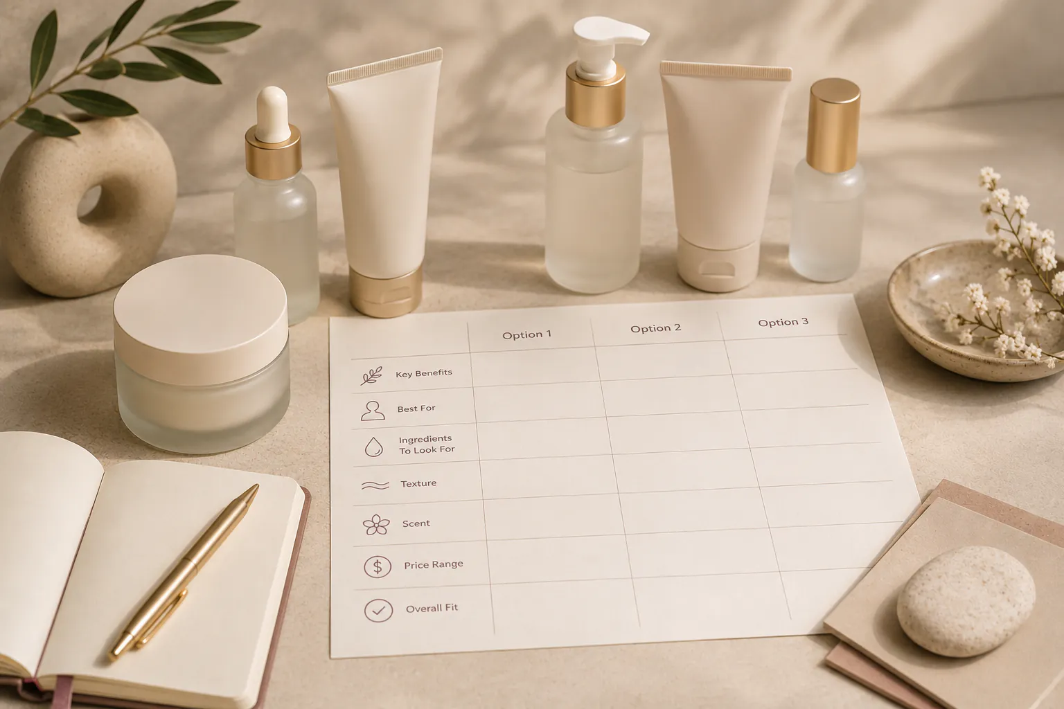 Beauty comparison layout with bottles, swatches, and notes.