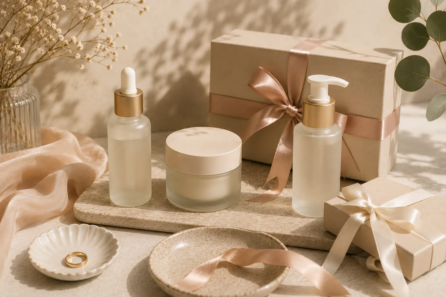 Thoughtful beauty gift arrangement with wrapped items and fragrance.