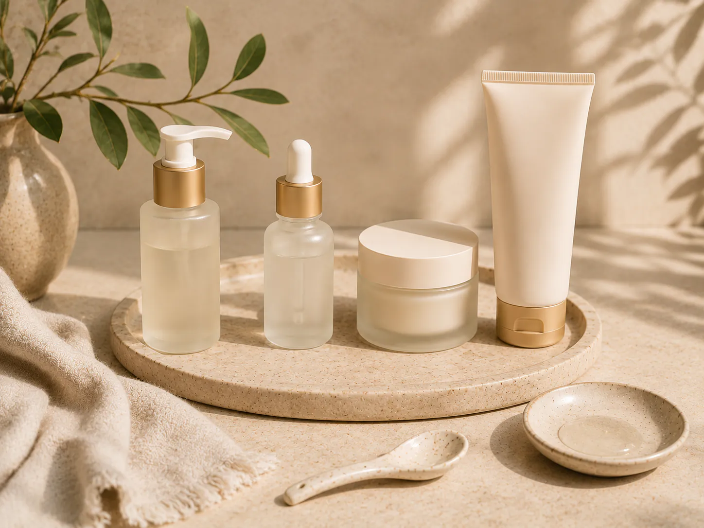 Minimal everyday beauty essentials arranged on a light surface.