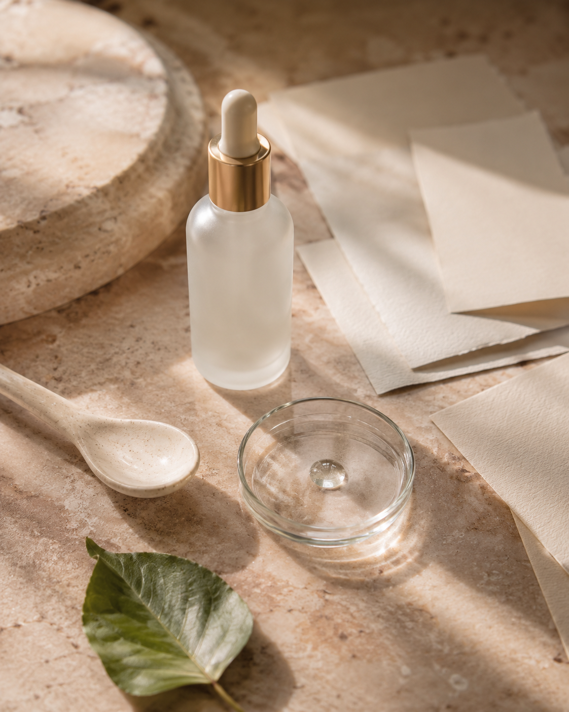 Ingredient-led beauty layout with labels and neutral product packaging.