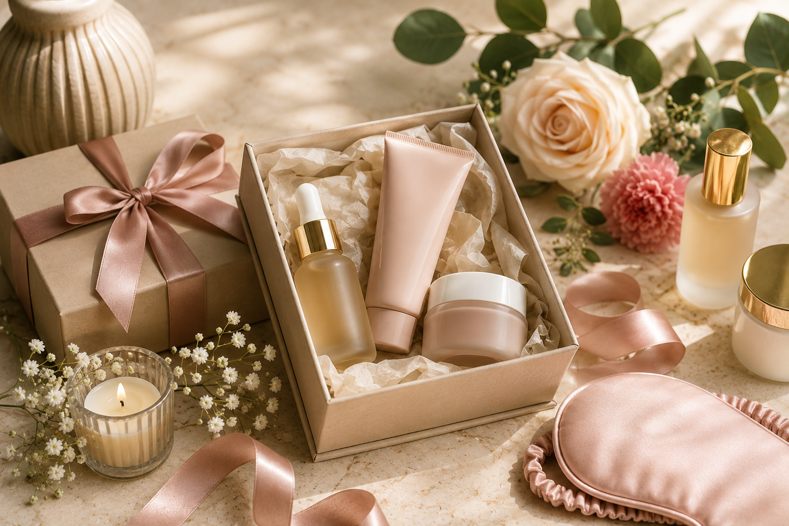 Beauty gift guide still life with skincare, fragrance, and ribbon.