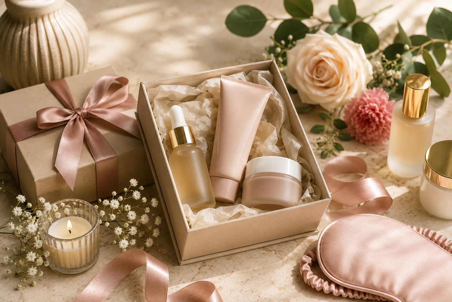 Beauty gift guide still life with skincare, fragrance, and ribbon.