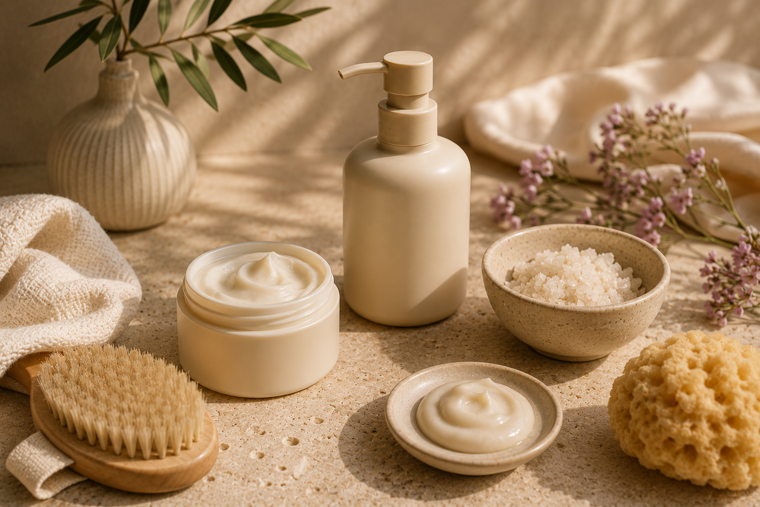 Body care essentials arranged for a daily ritual guide.