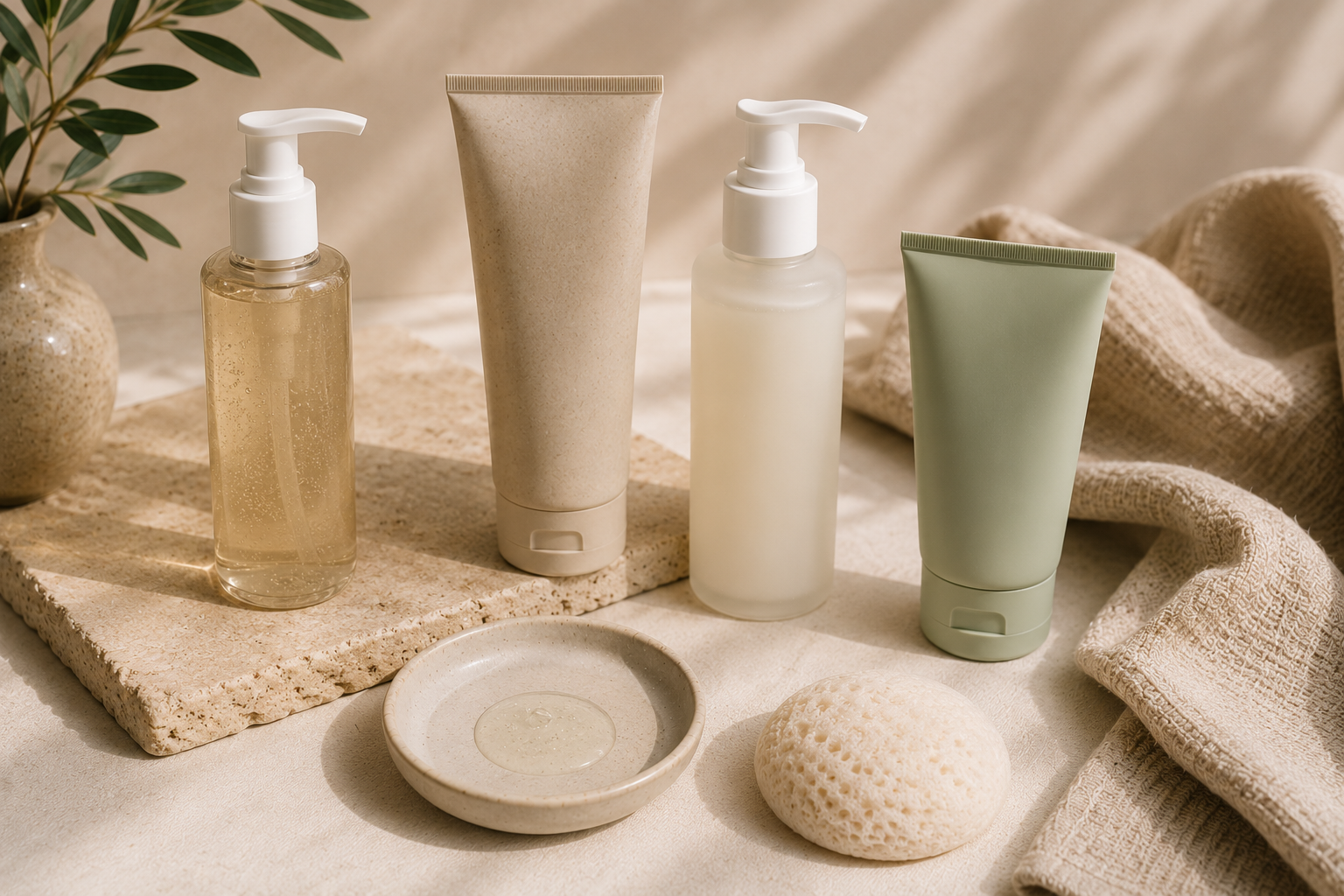Cleanser formats displayed with soft texture notes.