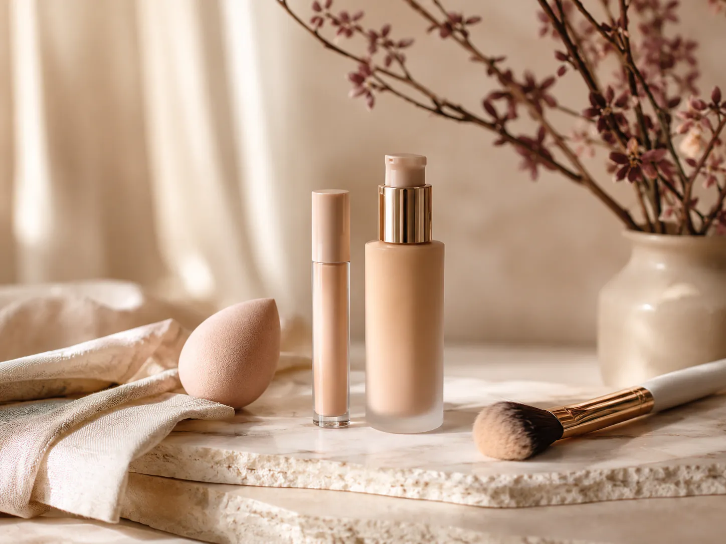 Complexion products arranged to compare foundation and concealer roles.