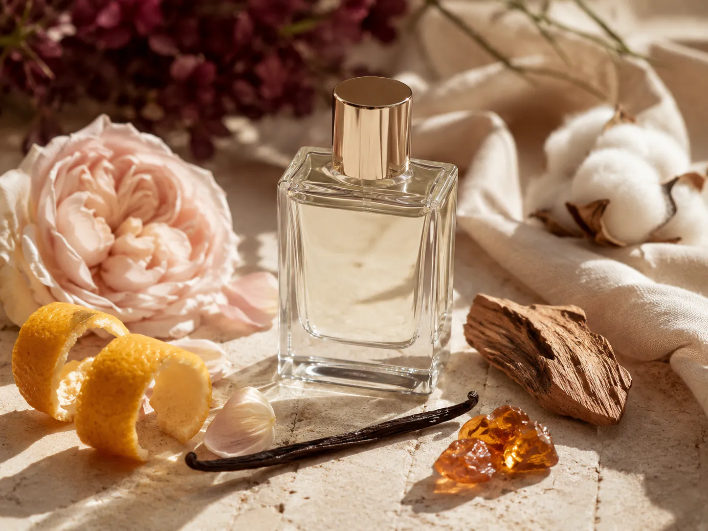 Fragrance notes visual with top, heart, and base note styling.