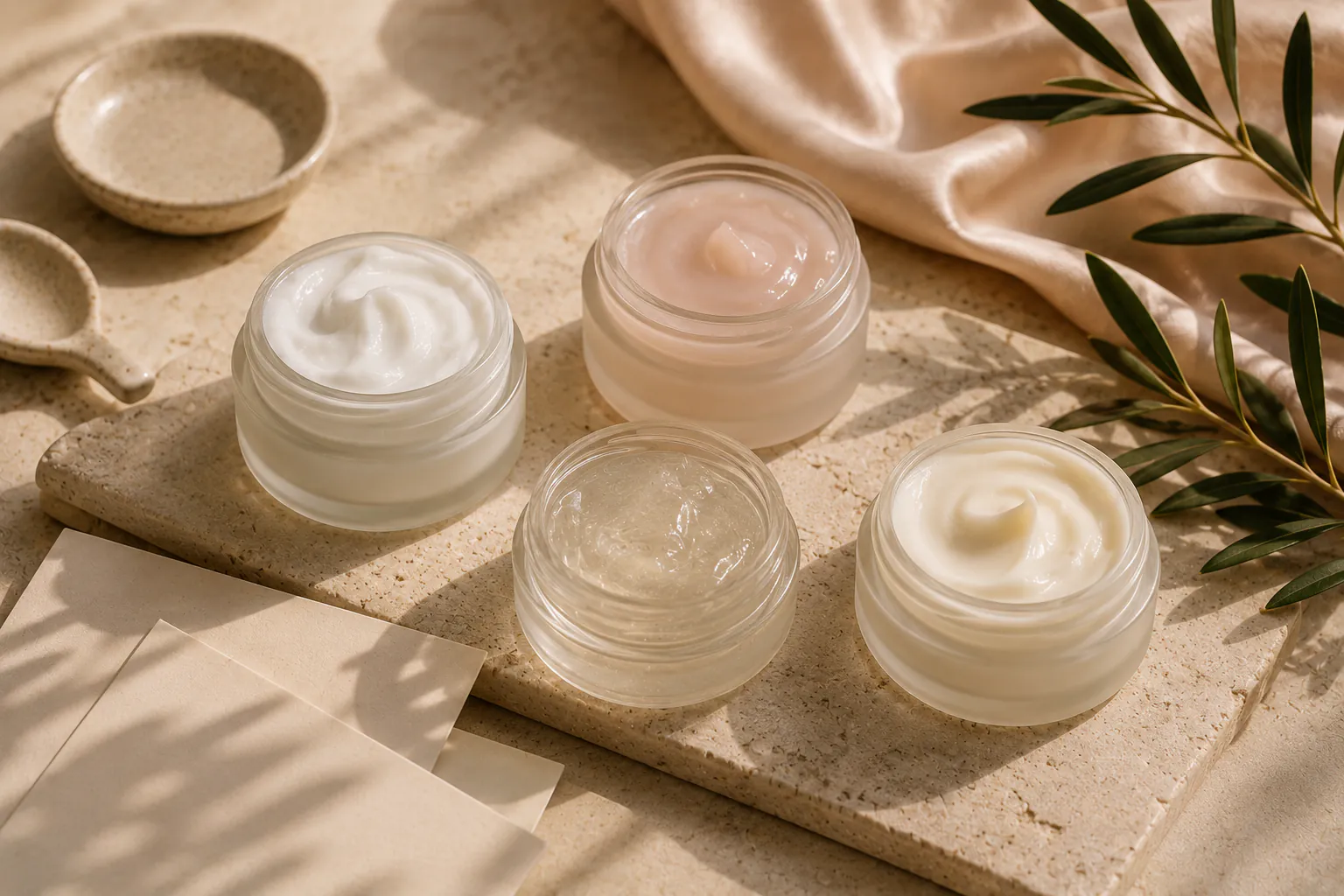 Moisturizer textures shown in gel, lotion, cream, and balm-like forms.