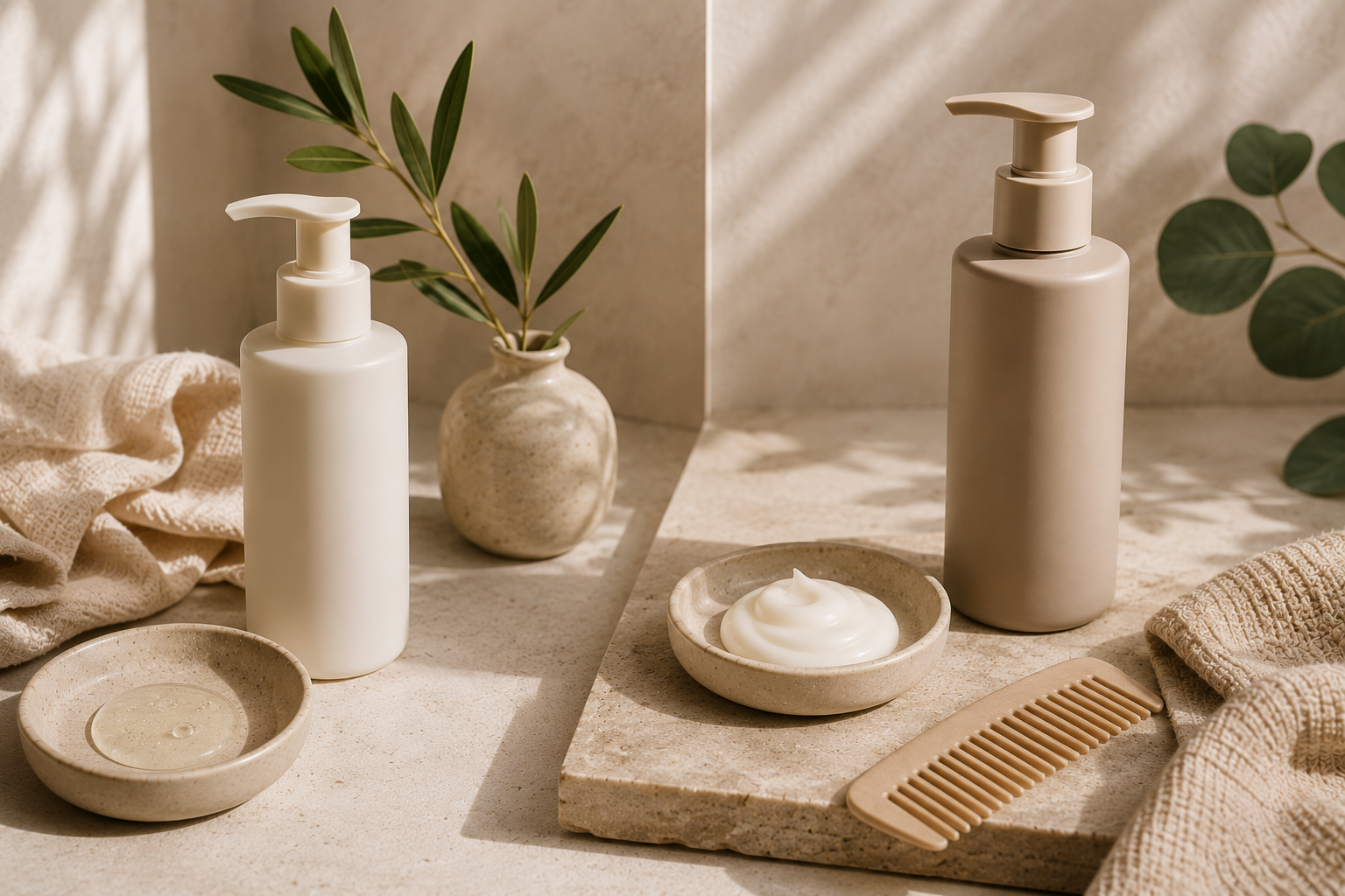 Hair cleansing products arranged to compare shampoo and co-wash styles.
