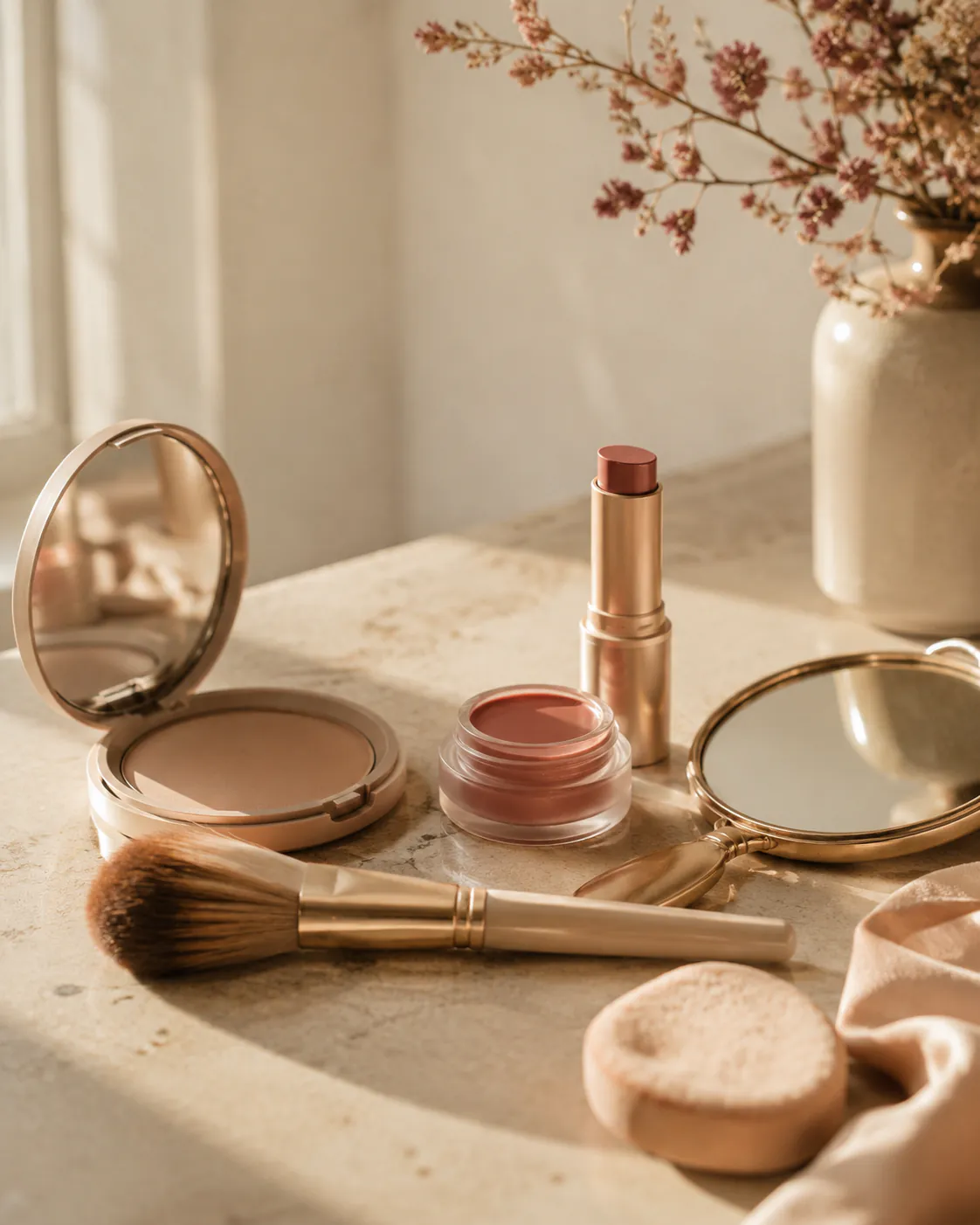 Everyday makeup essentials in muted tones with brush details.