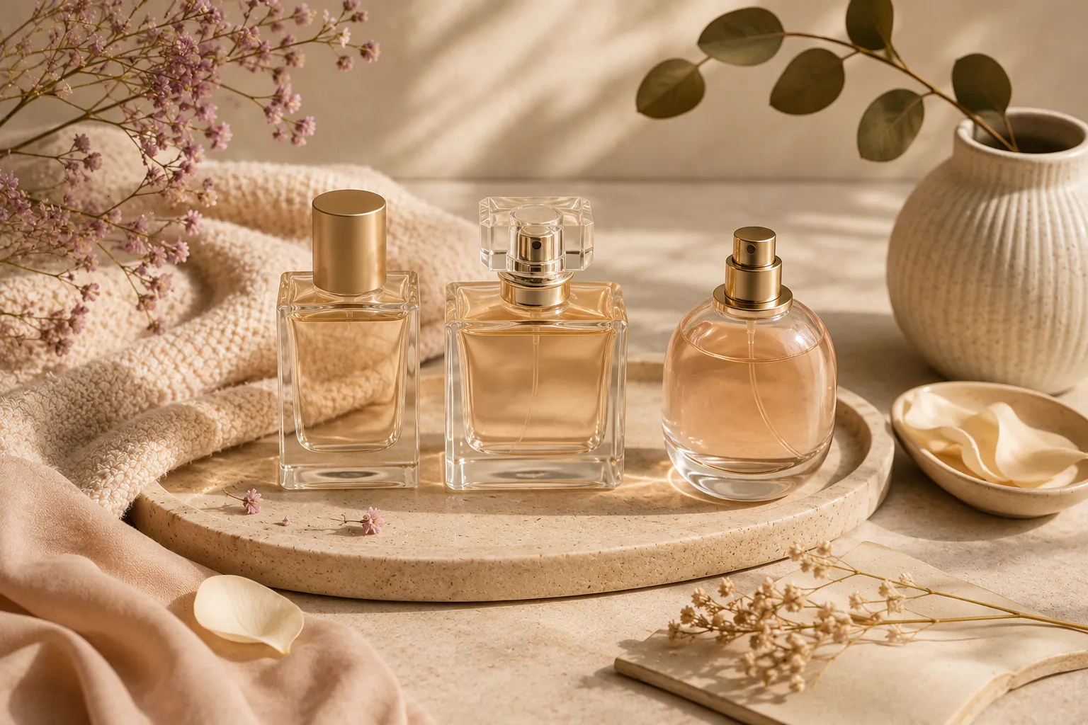 Fragrance bottles and note cards in a soft editorial arrangement.