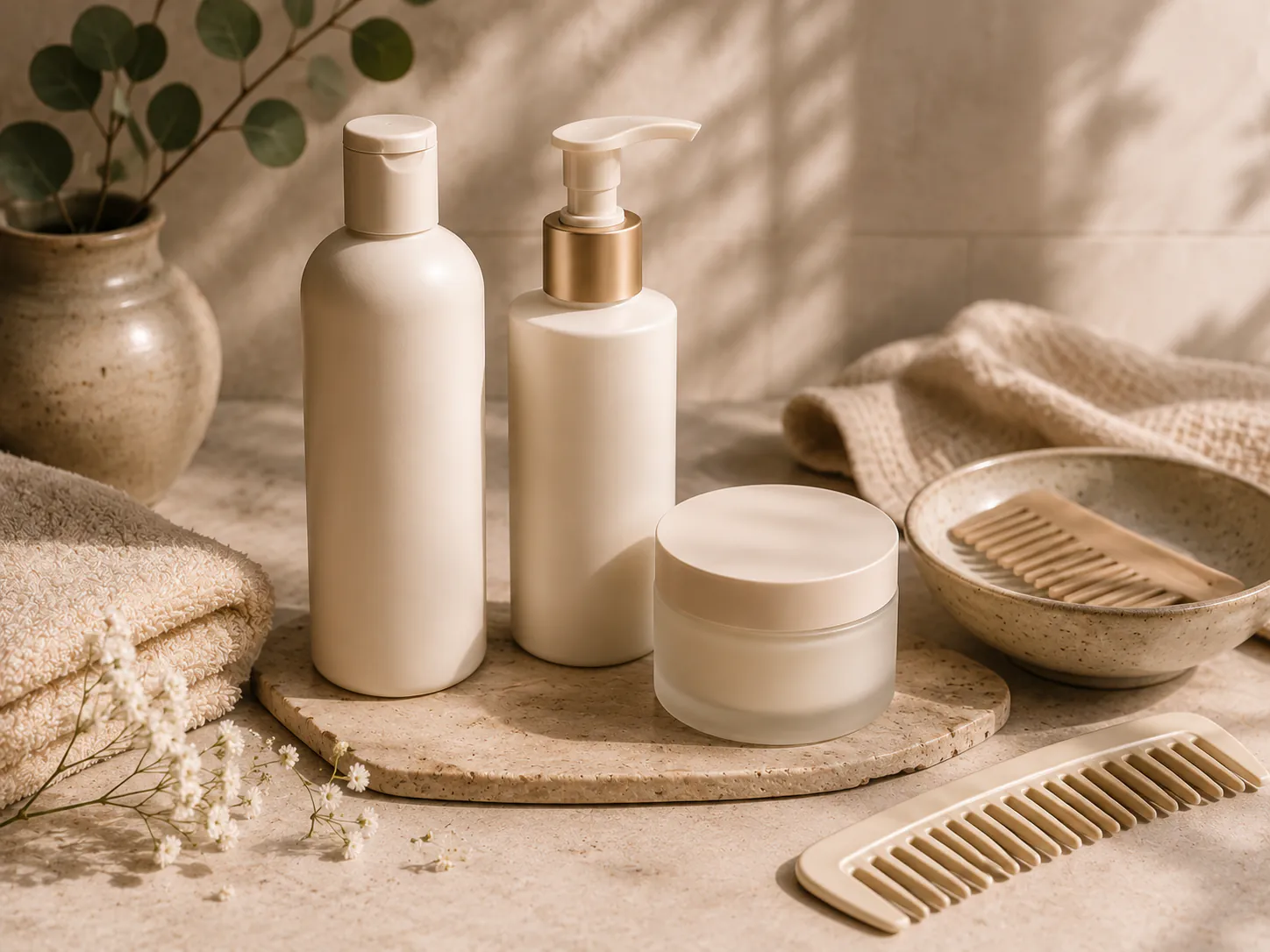 Hair wash-day products arranged on a quiet neutral surface.