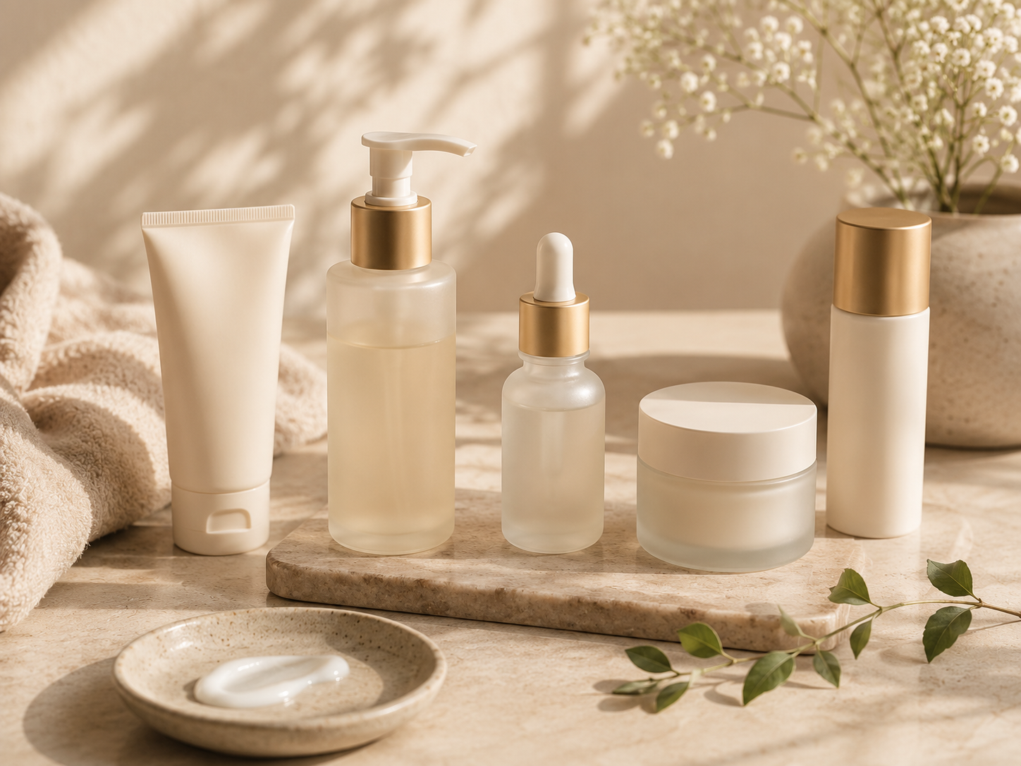 Morning skincare essentials arranged with soft light and clean textures.