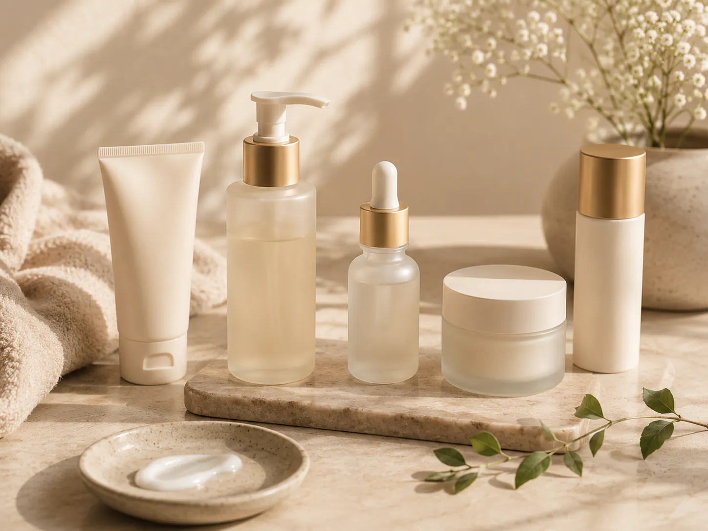 Morning skincare essentials arranged with soft light and clean textures.