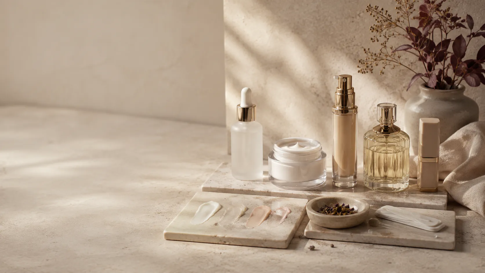 Editorial beauty comparison still life with neutral beauty products, swatches, and a magnifying glass.