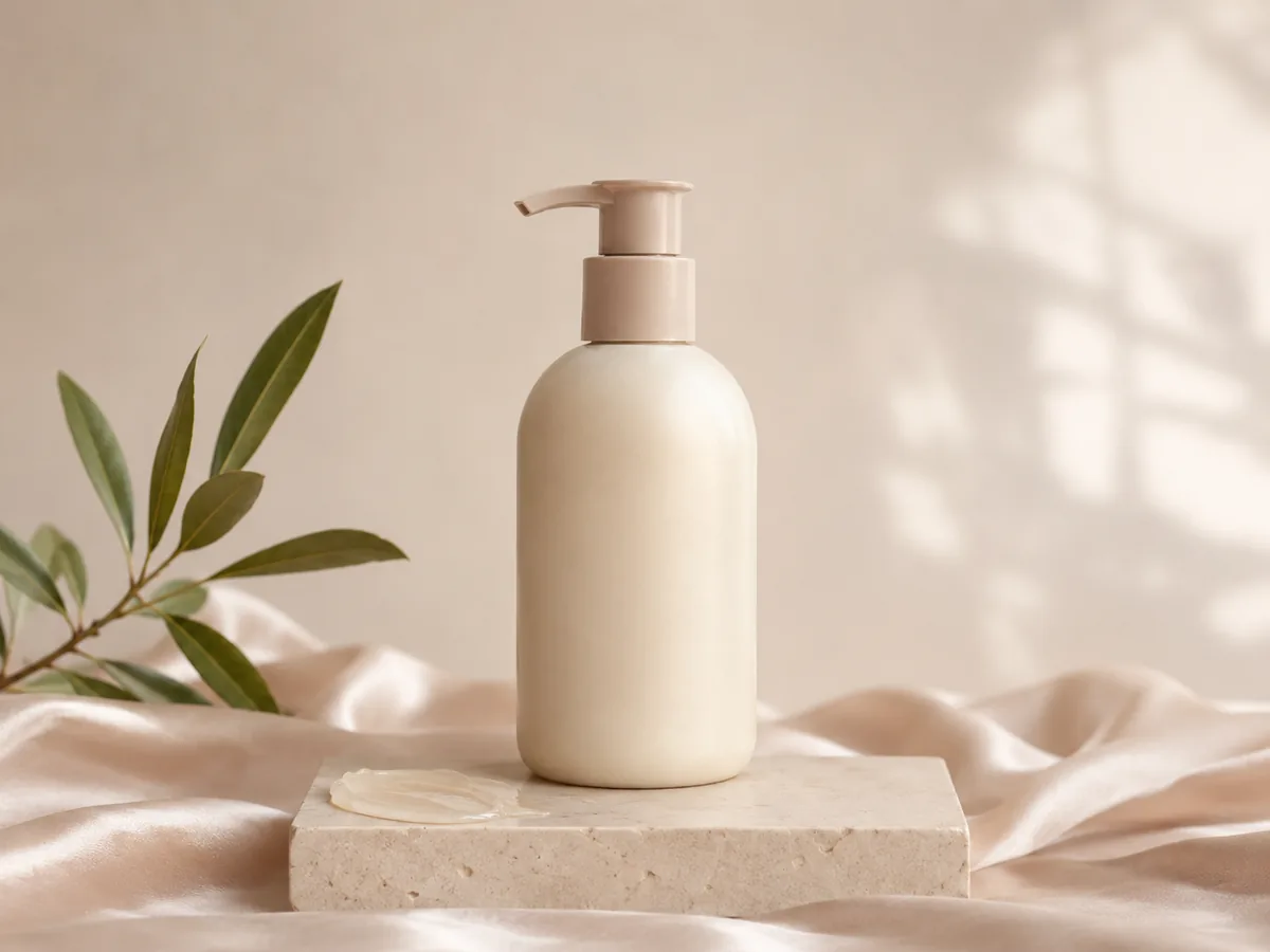 Unbranded facial cleanser bottle on a warm neutral pedestal.