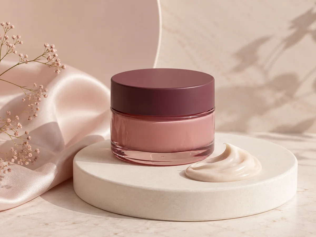 Unbranded moisturizer jar with a soft cream texture in muted rose tones.