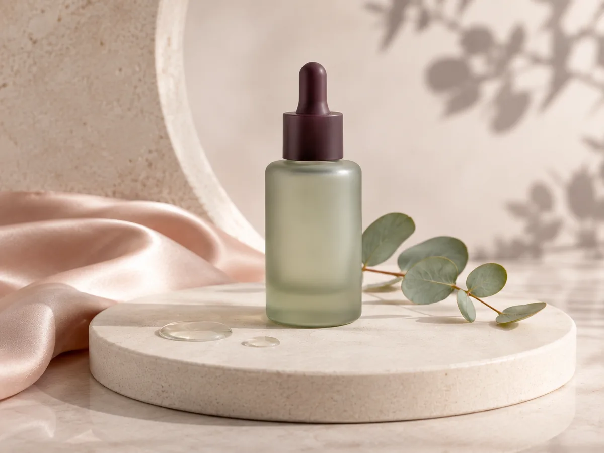 Unbranded serum dropper bottle in muted sage botanical tones.