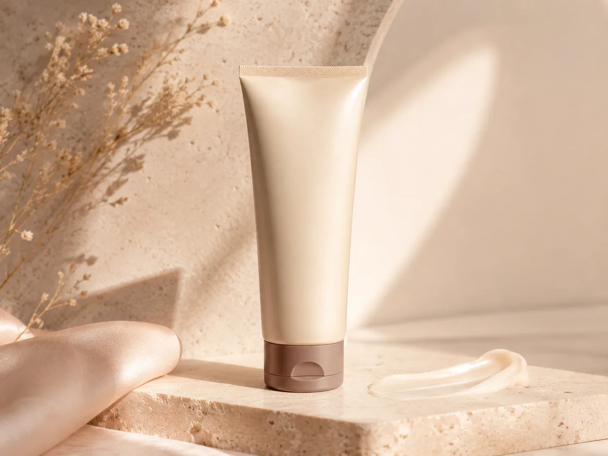 Unbranded sunscreen container in warm ivory and champagne tones.
