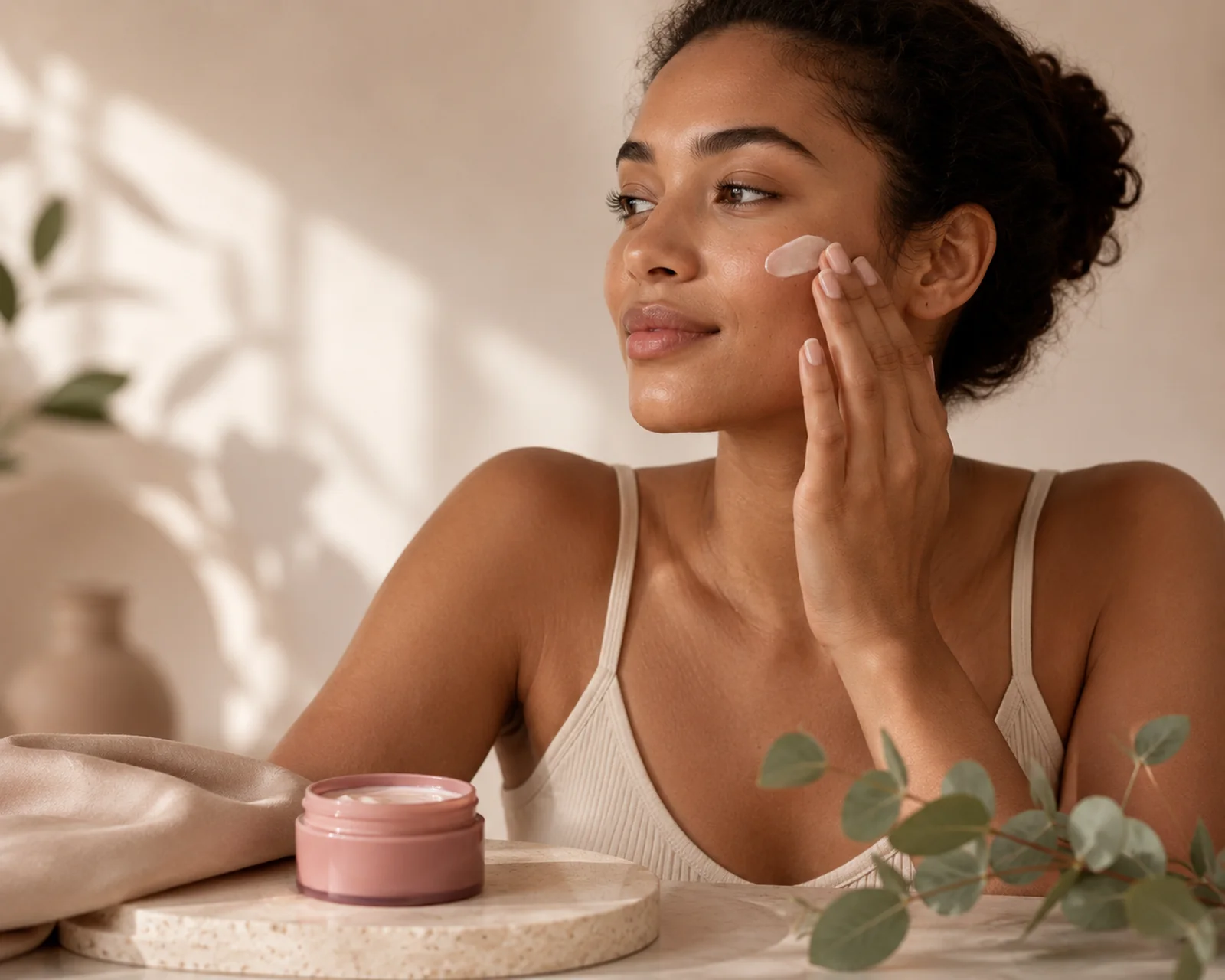Woman with natural skin texture applying moisturizer during a simple skincare routine.
