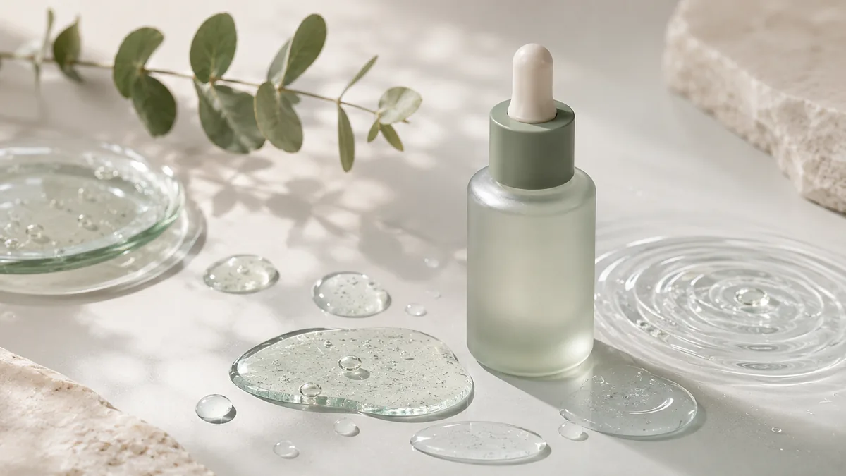 Unbranded serum dropper with translucent water-gel textures.