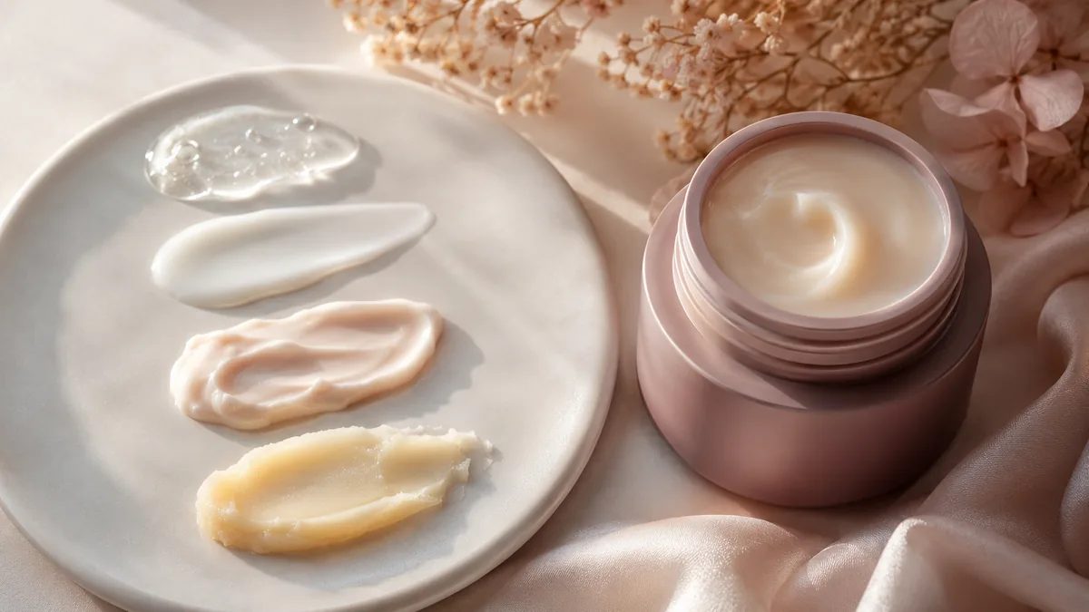 Gel, lotion, cream and balm textures beside an unbranded moisturizer jar.