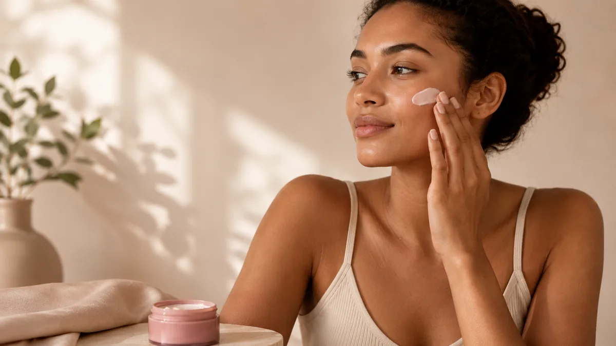 Woman applying moisturizer as part of a simple morning skincare routine.
