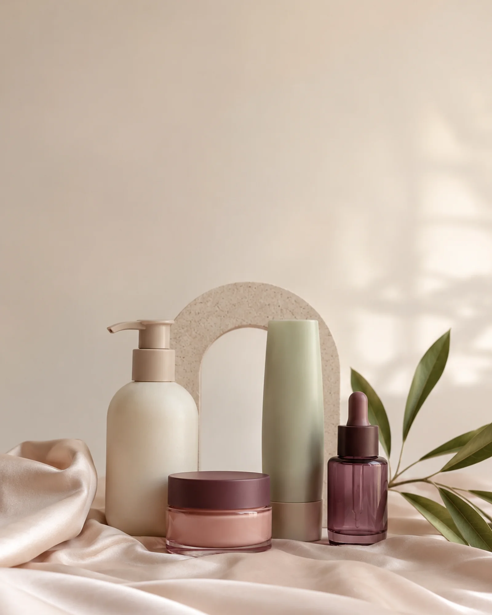 Unbranded cleanser, moisturizer, sunscreen and serum arranged in soft botanical tones.